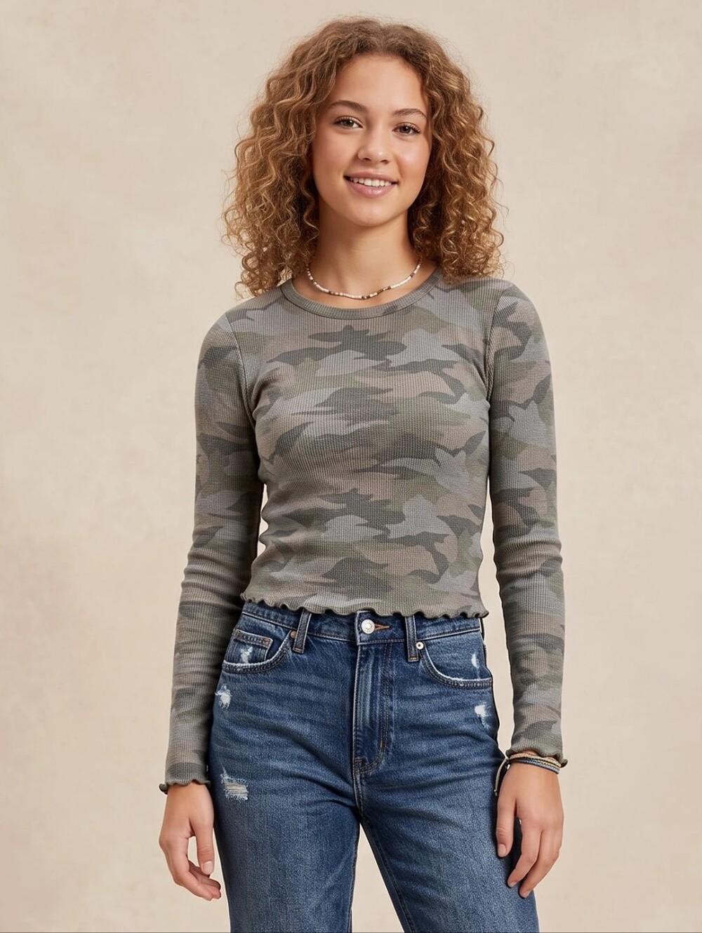 American Eagle Outfitters Ribbed Camouflage Long Sleeve Top Womens Small - Green